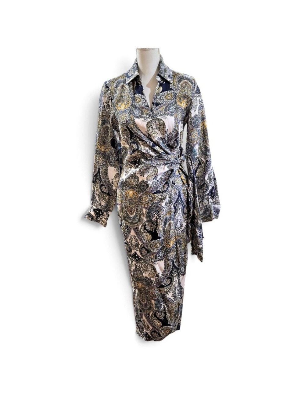 Magaschoni Paisley Wrap Dress in Navy, Olive & Cream